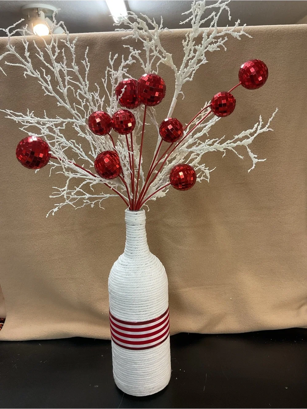 Holiday Red Decorative Bottle Vase with Red Ball Picks for  Christmas. Inv 567